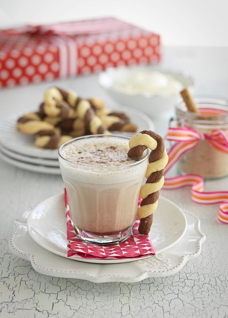 Caffe latte and candy cane biscuits