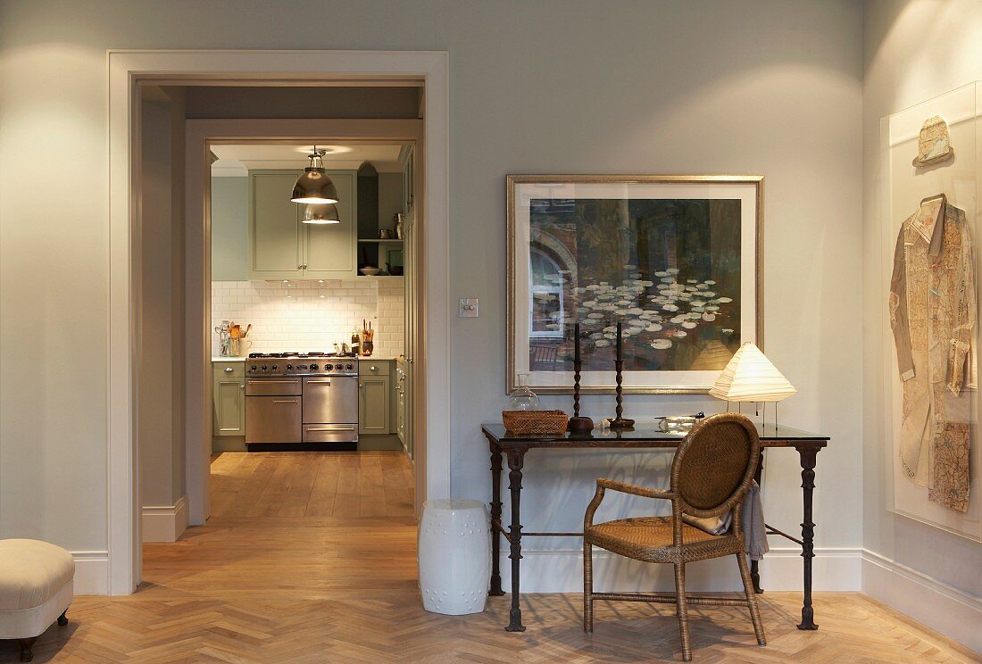 View from living room through doorway to kitchen