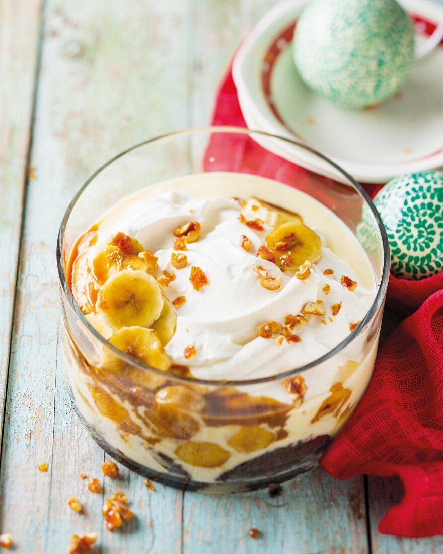 A glass of banoffee trifle