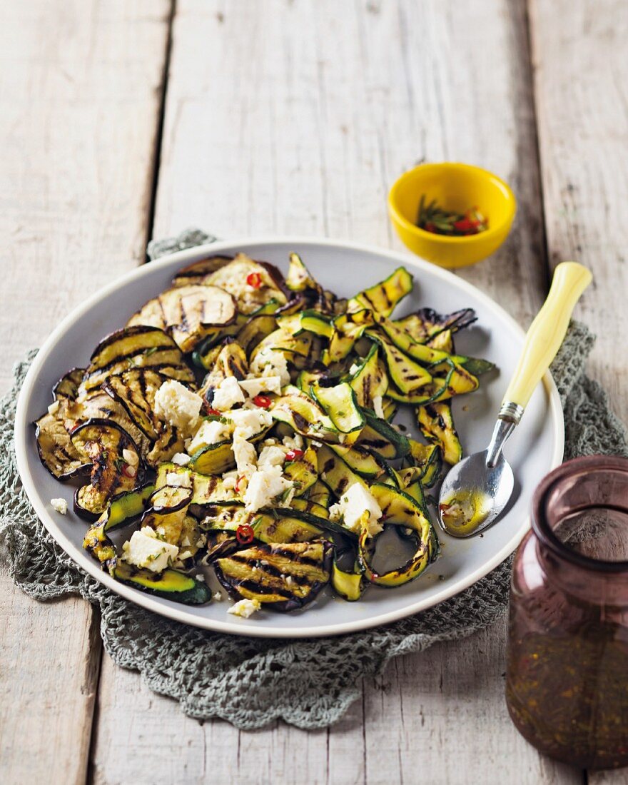 Grilled aubergine and courgette salad with feta cheese and chilies