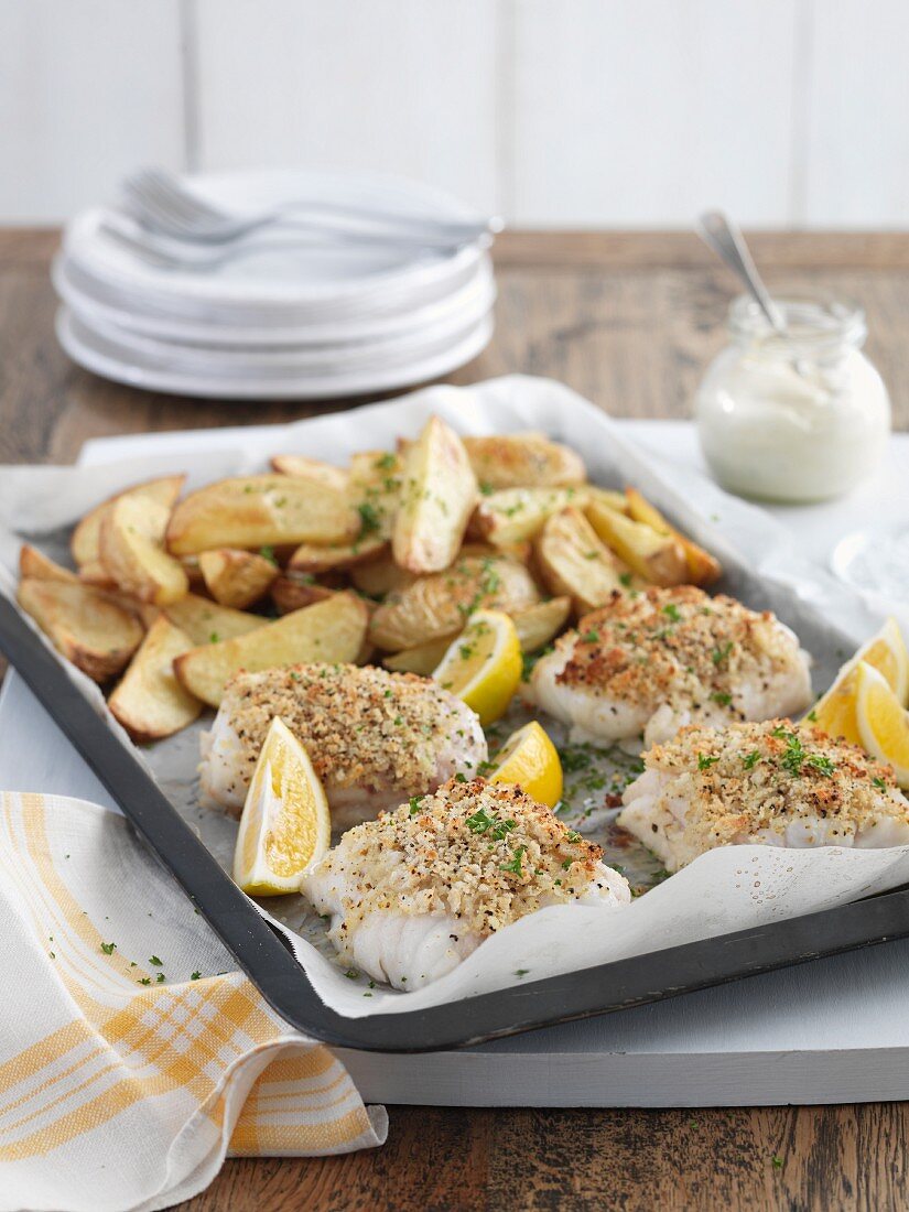 Baked fish fillets with a crust and potato wedges