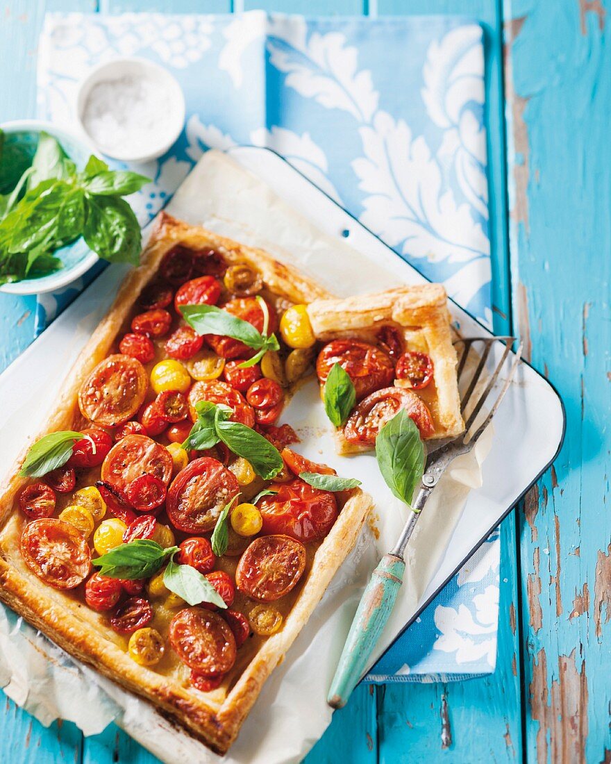 Sliced puff pastry tomato tart