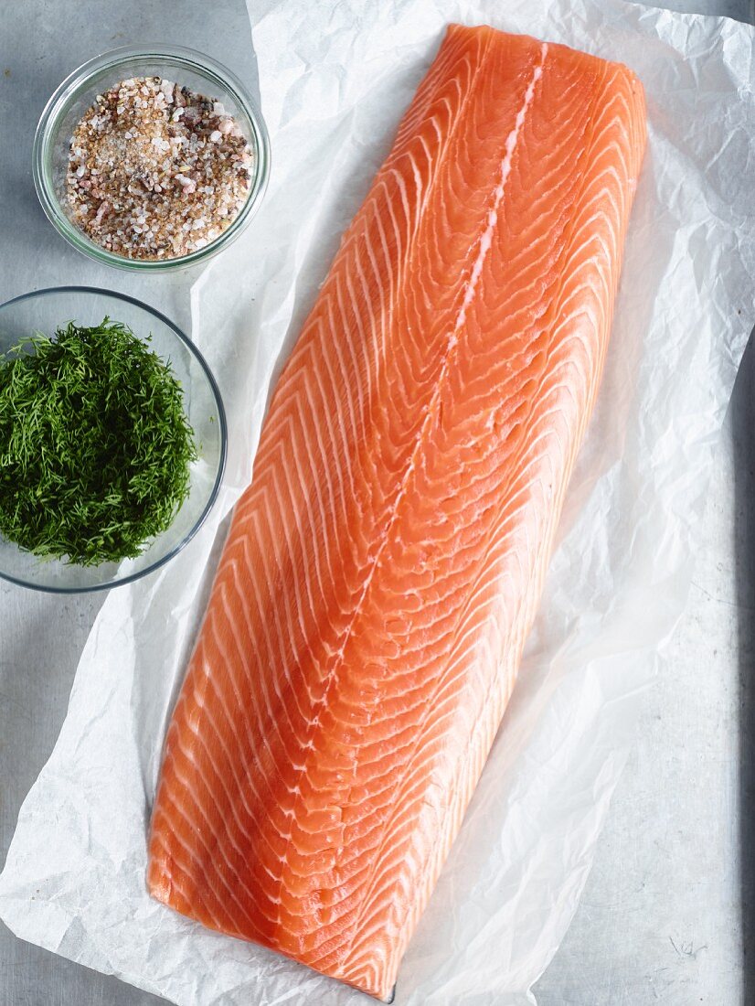 Salmon fillet and marinade ingredients