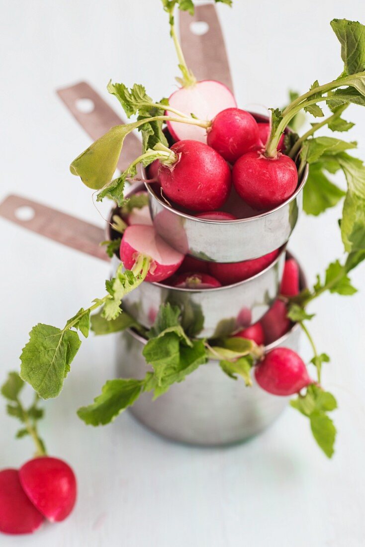 A stack of saucepans with radishes