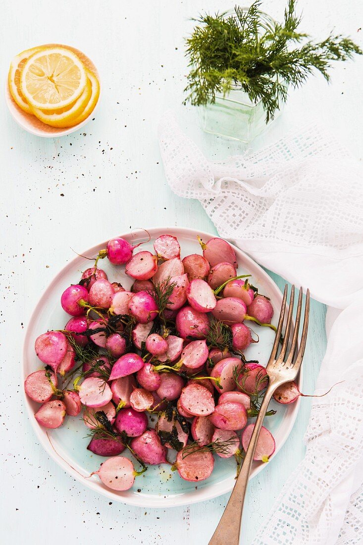 Fried radishes with dill and lemon zest