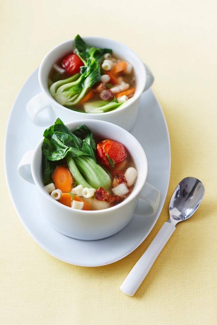 Minestrone mit Karotten, Pak Choi, Traubentomaten und Tubetti-Nudeln in zwei Suppentassen