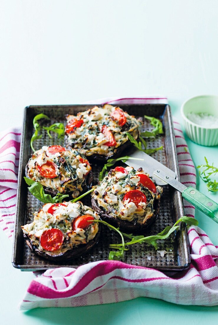 Stuffed mushrooms with spinach, tomatoes and feta cheese