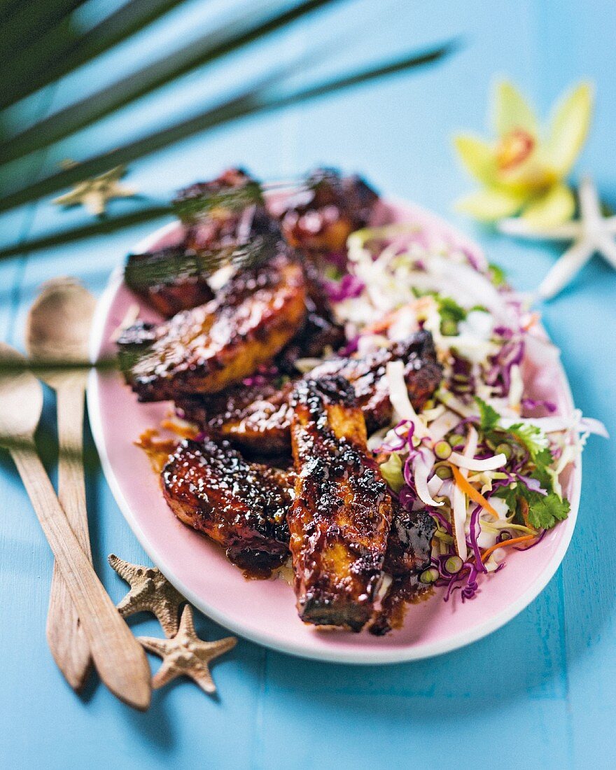 Spicy pork ribs with a coconut and cabbage salad