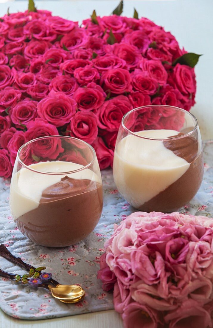 Two glasses of chocolate and vanilla mousse for Valentine's Day