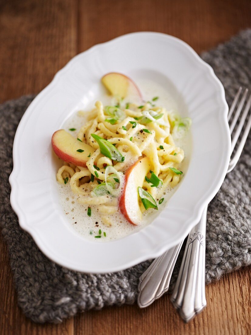 Trout noodles with apple and horseradish foam