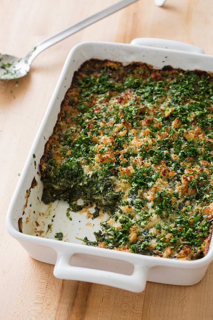 Spinach gratin in a baking dish