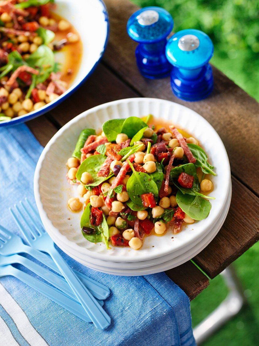 Savoury chickpea salad with spinach and chorizo