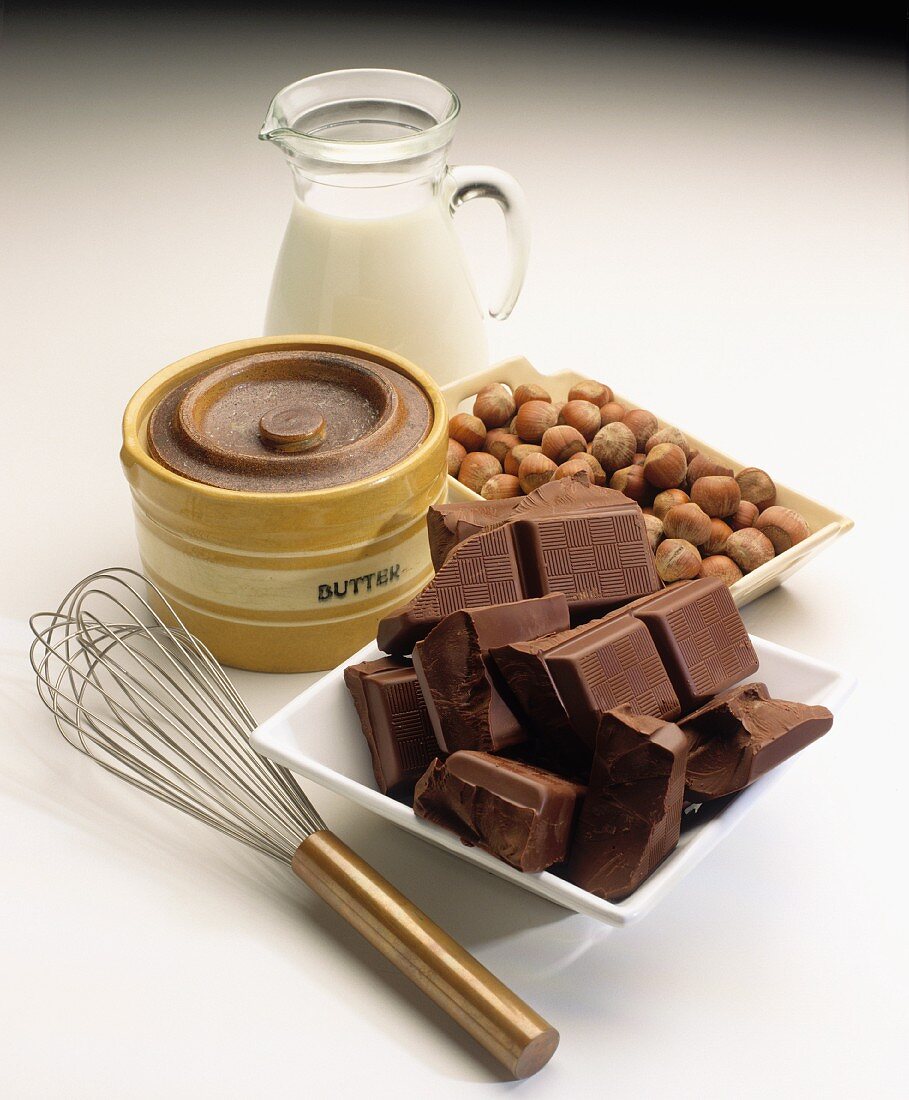 Baking ingredients: butter, chocolate, milk and nuts
