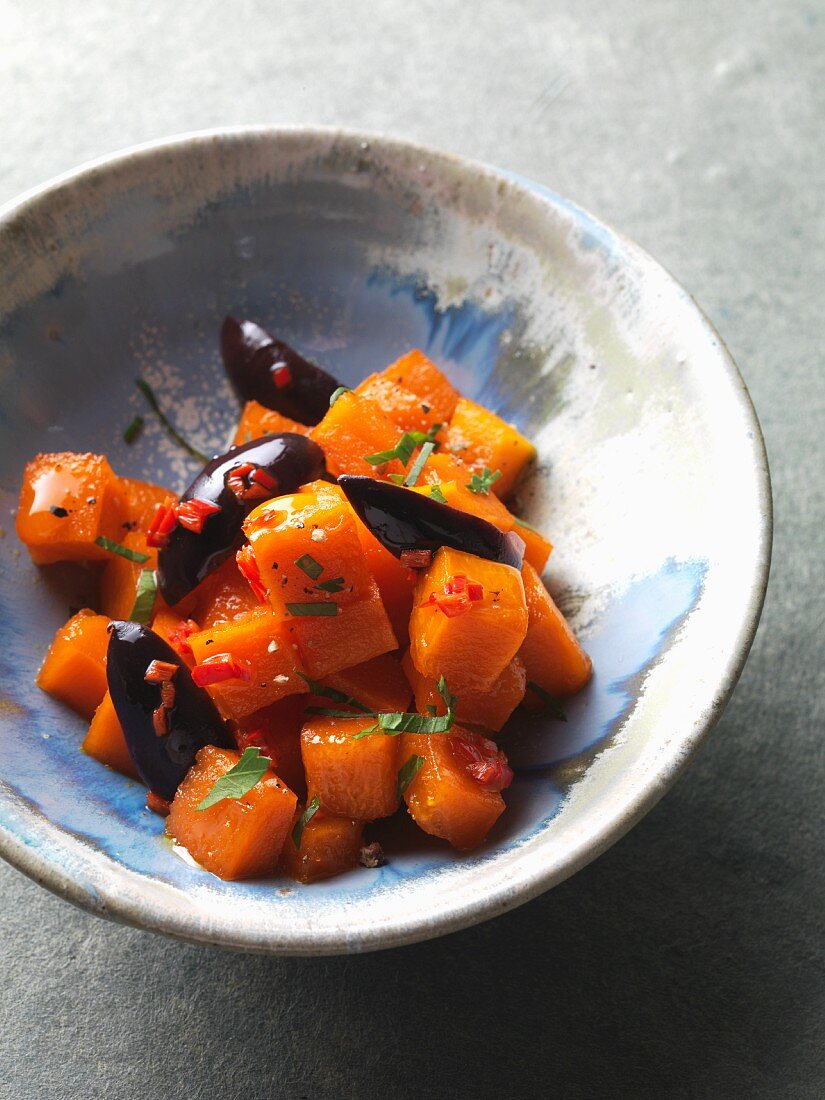 Hokkaido pumpkin caramelised and honey with olives and chilli