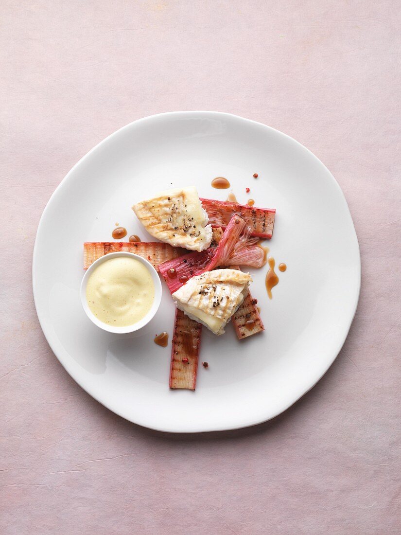 Grilled Crottin de Chavignol and rhubarb with mustard sabayon