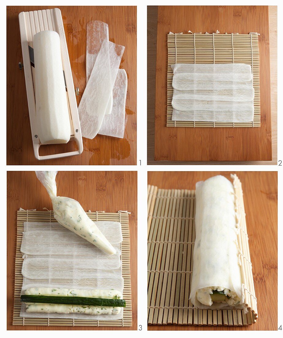 Sushi-style radish roll being made