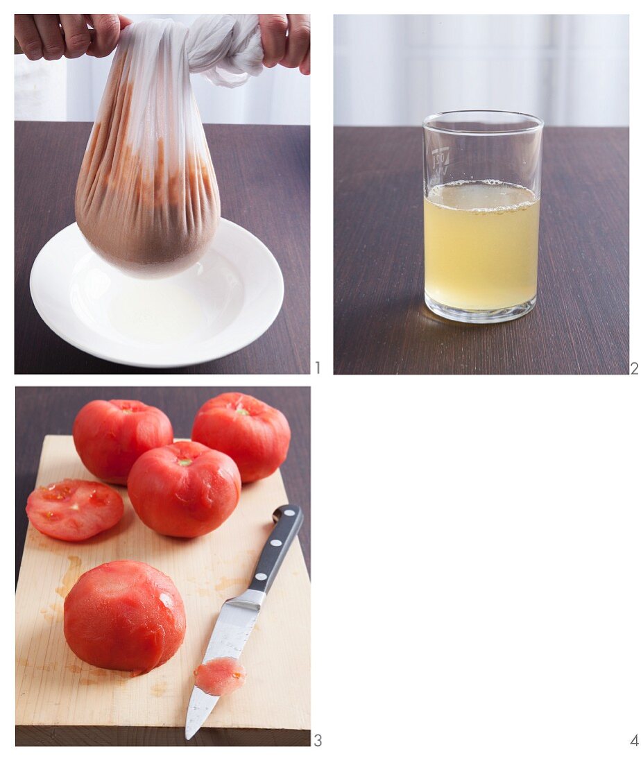 Cold, white tomato soup with a stuffed tomato being made