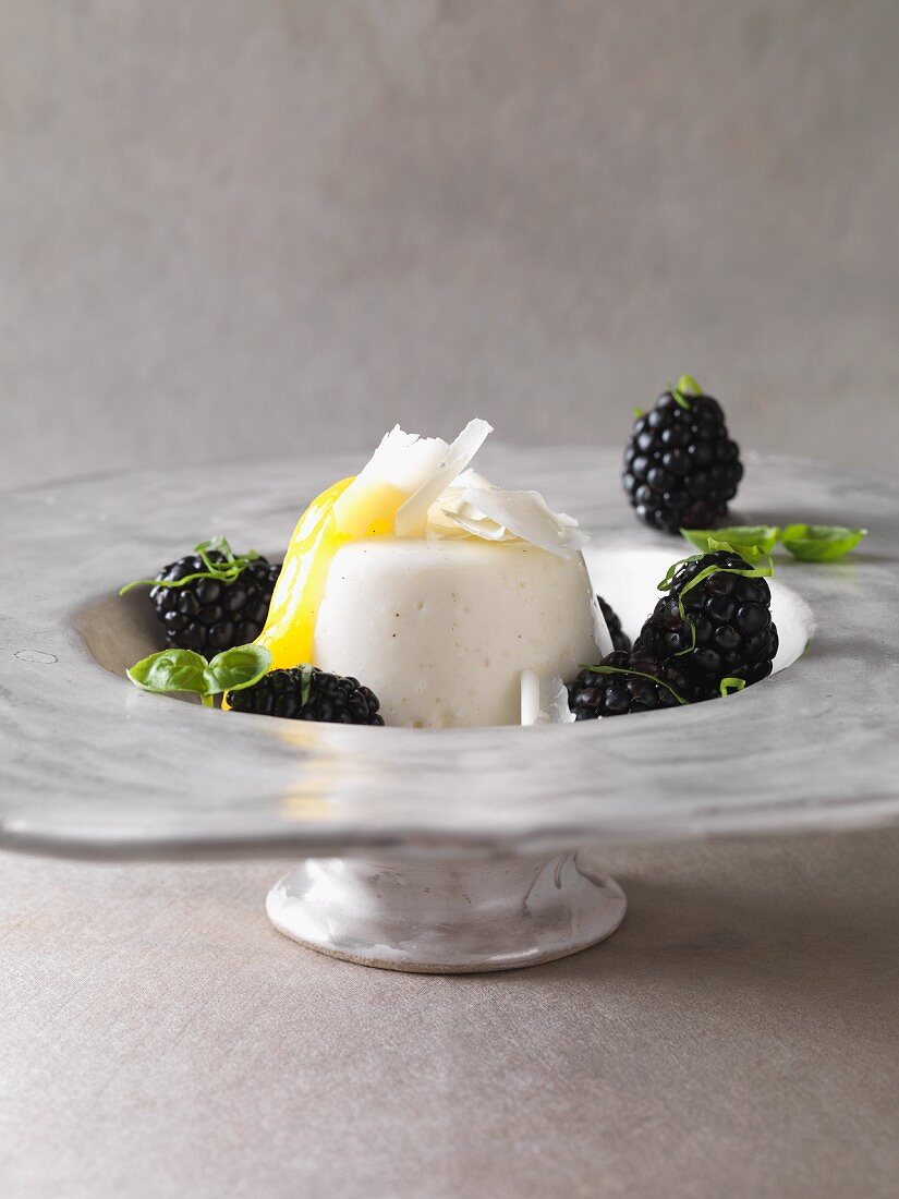 Buttermilk mousse on a blackberry and basil salad