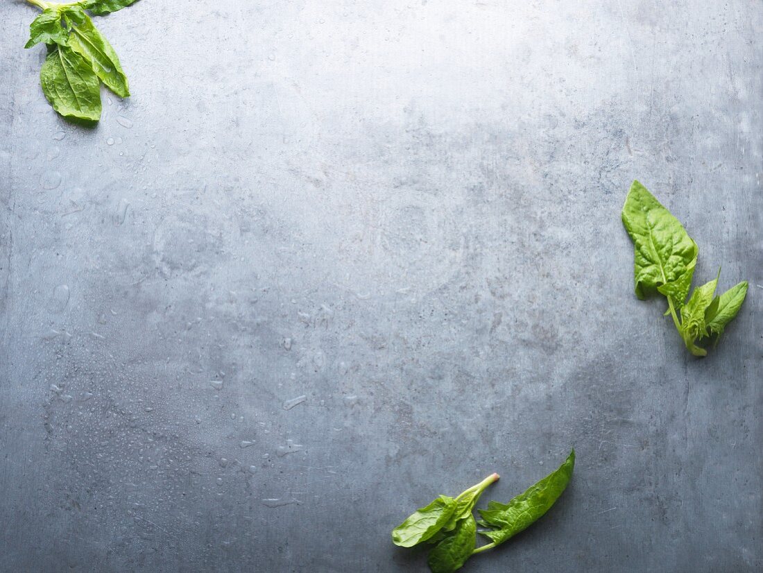 Fresh spinach leaves on a grey surface (seen from above)