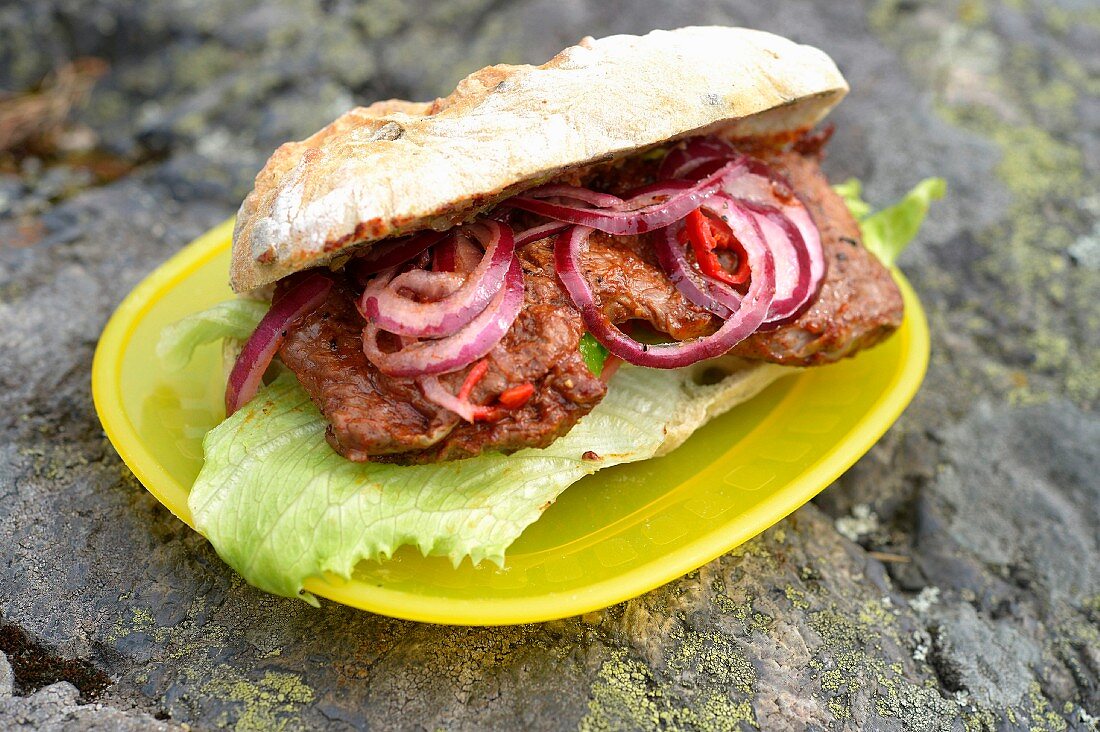 Steaksandwich mit roten Zwiebeln auf Plastikteller