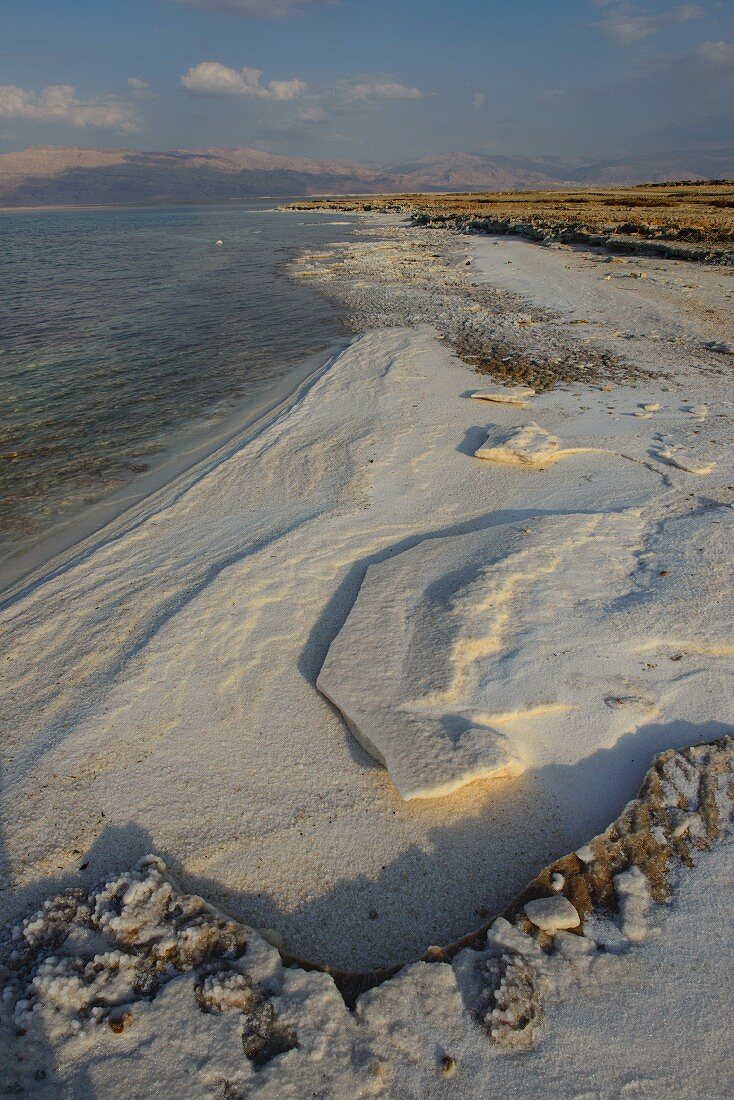 The salt crust on the Dead Sea near Massada