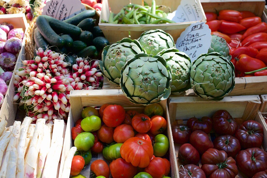 A vegetable stand at a market in France