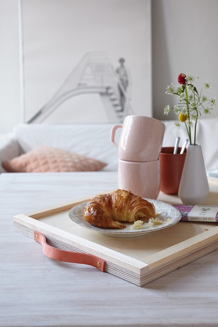 Hand-made breakfast tray with leather handle