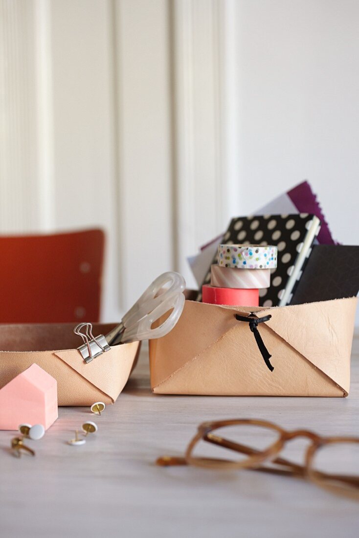 Hand-crafted leather desk tidy