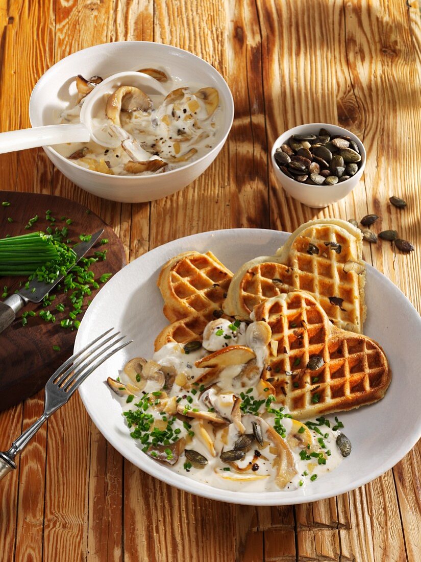 Pumpkin waffles with creamy mushrooms