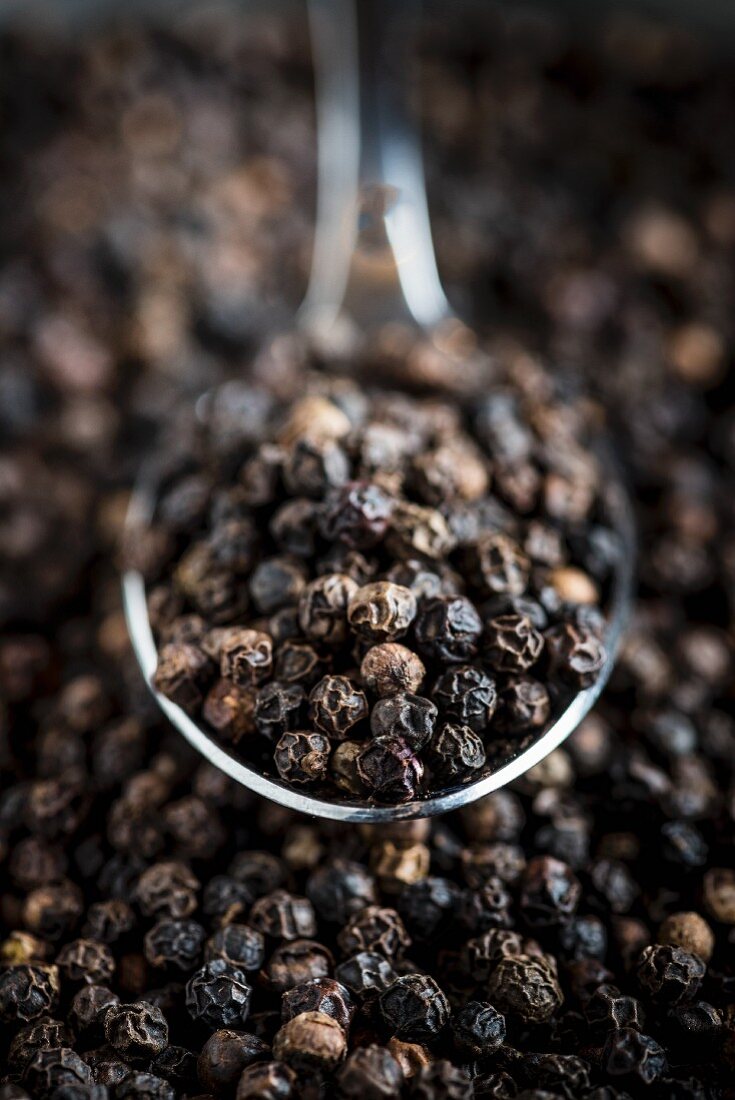 Black peppercorns on a spoon