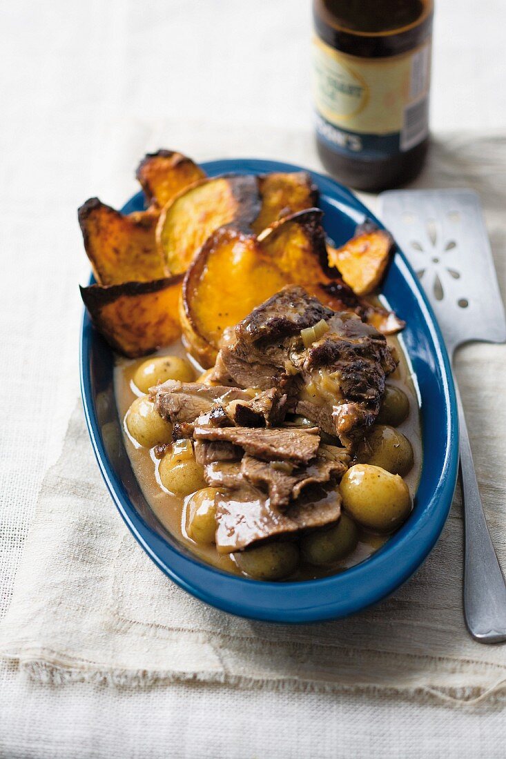 Beef in a cider sauce with potatoes and pumpkin