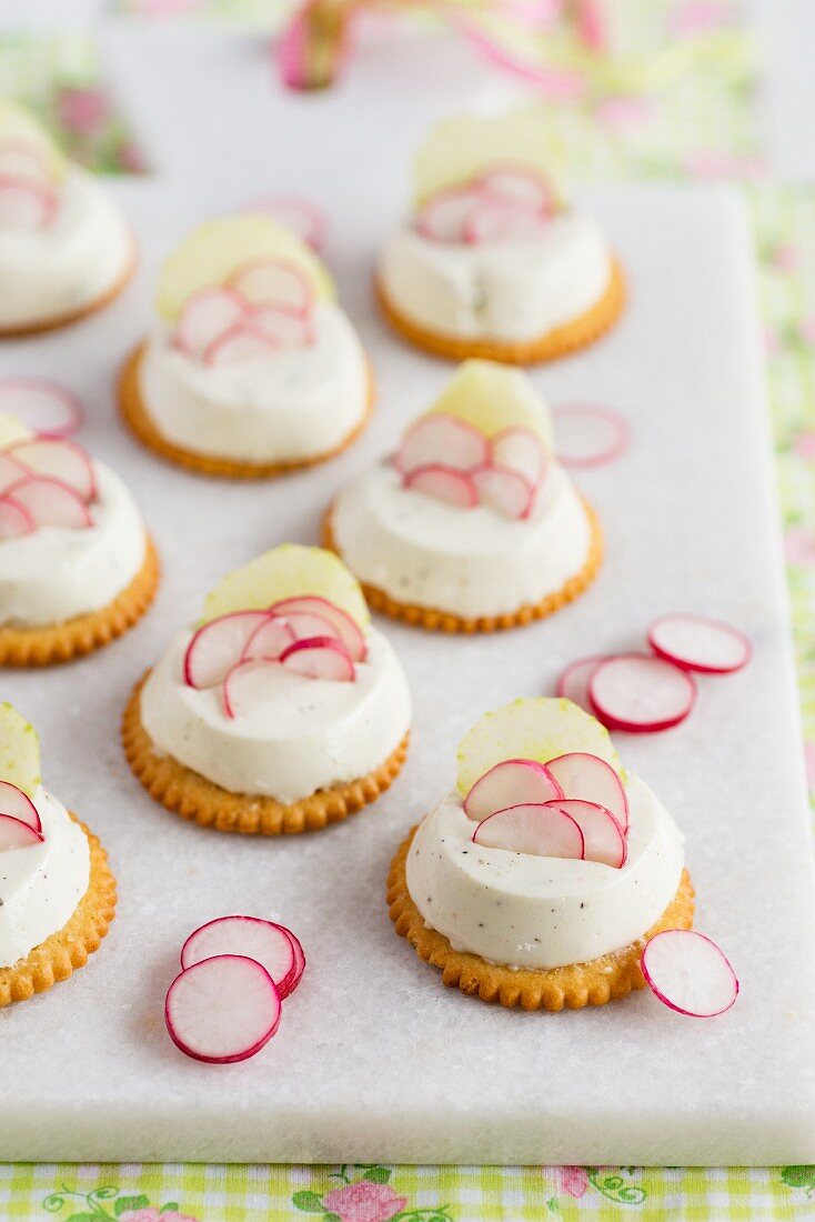 Mini cheesecakes with cucumber and radishes