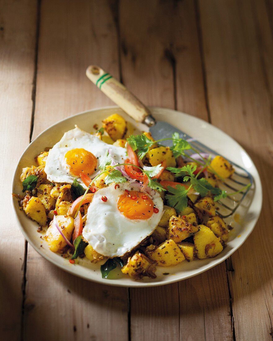 Bombay potatoes with fried egg