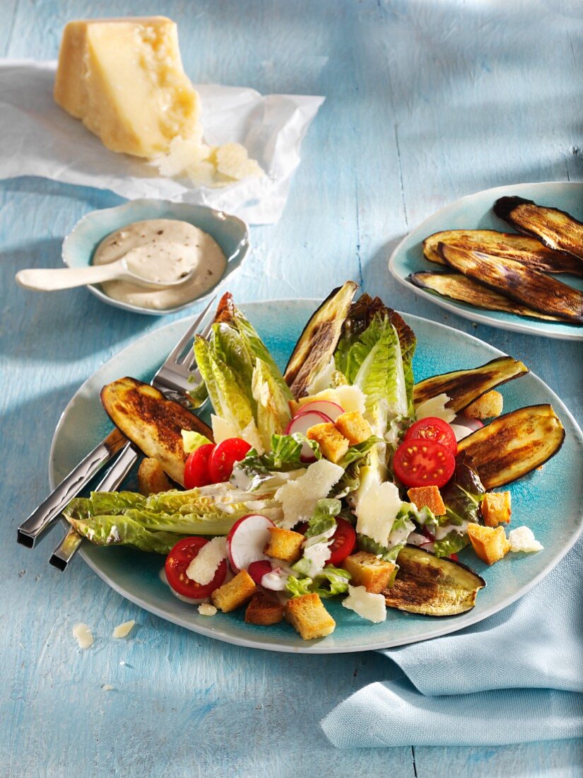 Cos lettuce with a cheese dressing, radishes and croutons