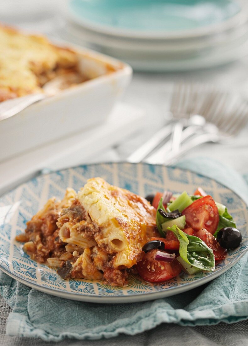 Moussaka made with minced meat and pasta