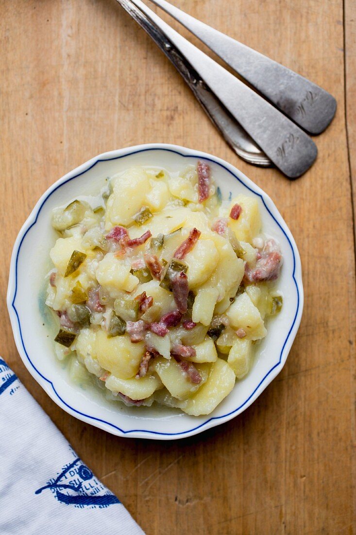 Potato salad with bacon (seen from above)
