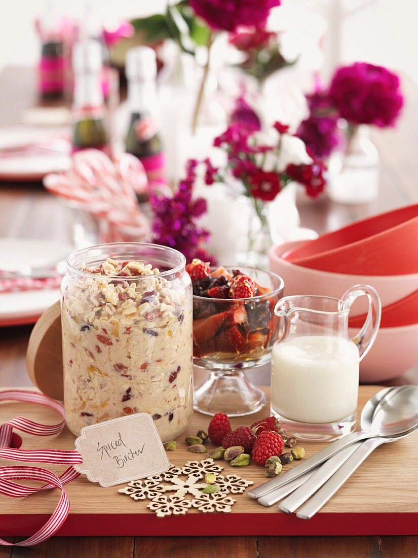 Bircher muesli, berries and milk for Christmas