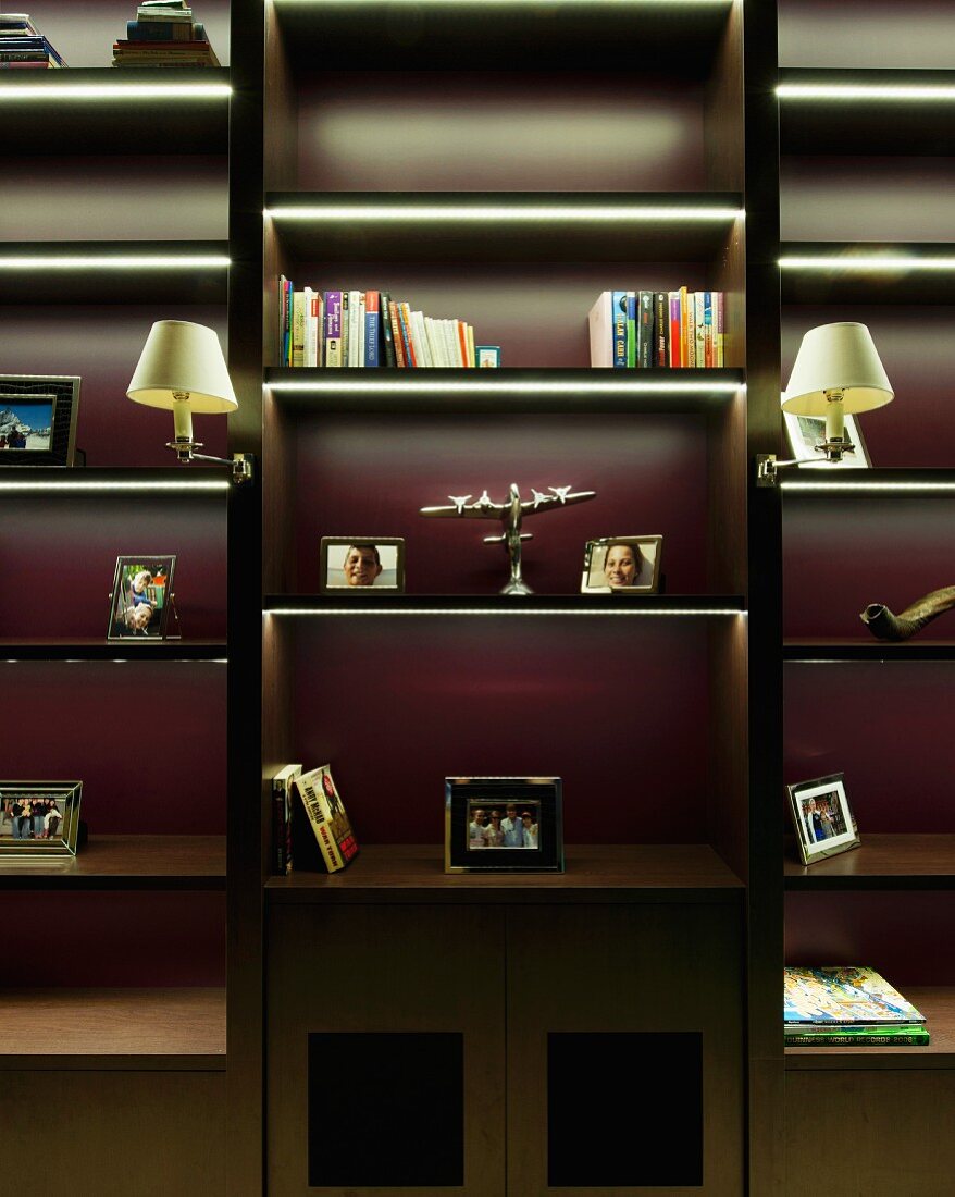 Dark wood shelving with integrated light strips and traditional sconce lamps