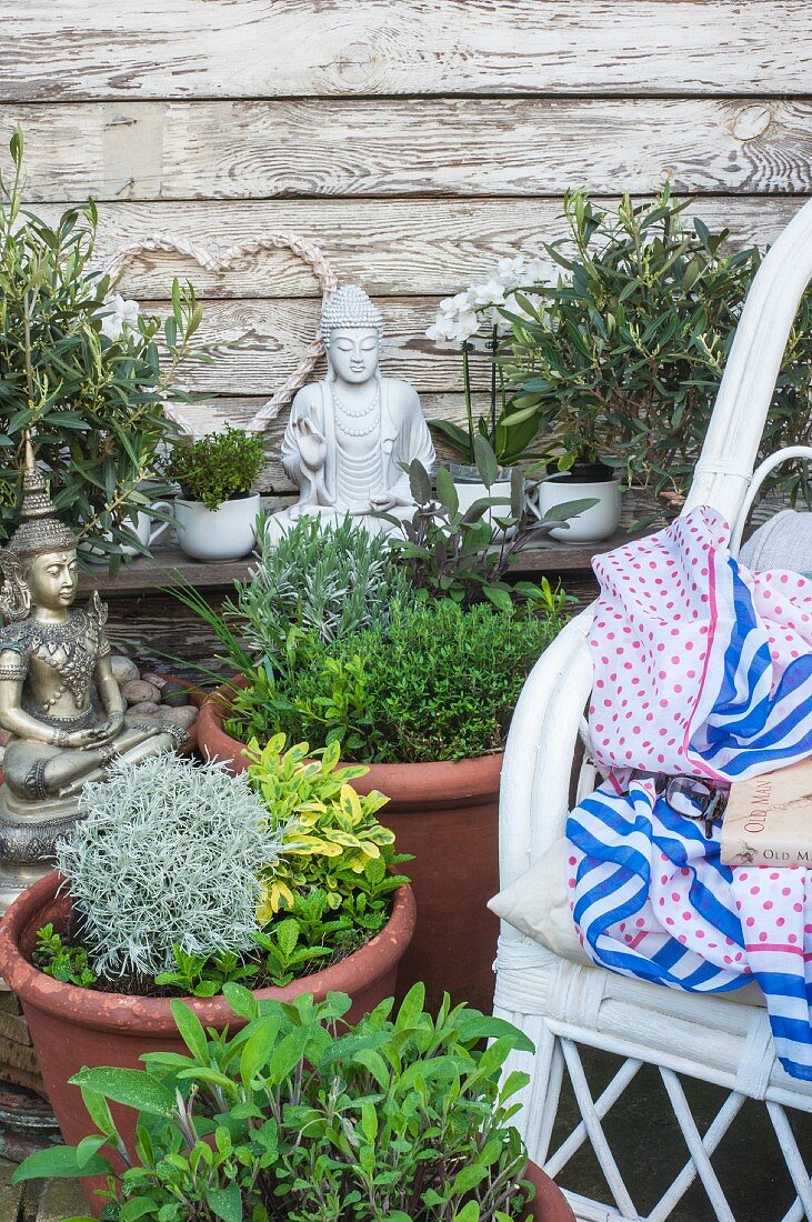 Potted herbs, Buddha statue and white orchids next to white wicker chair in garden