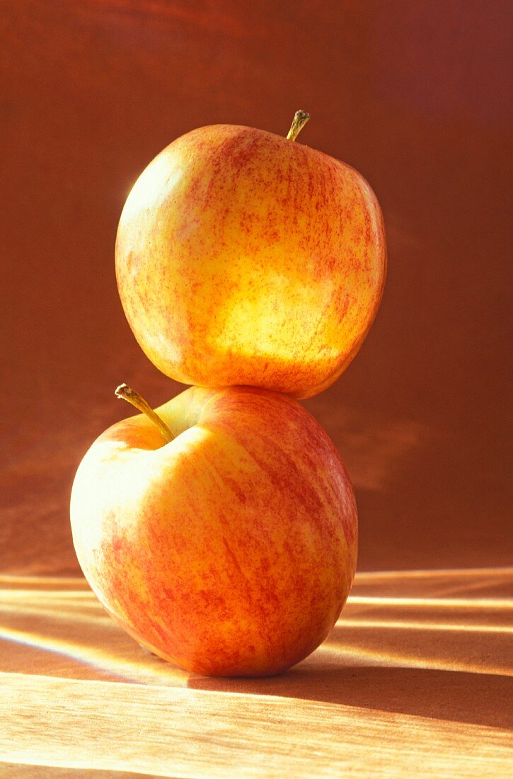 Zwei Gala-Äpfel übereinander gestapelt