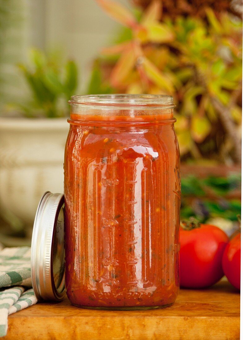A jar of homemade tomato sauce