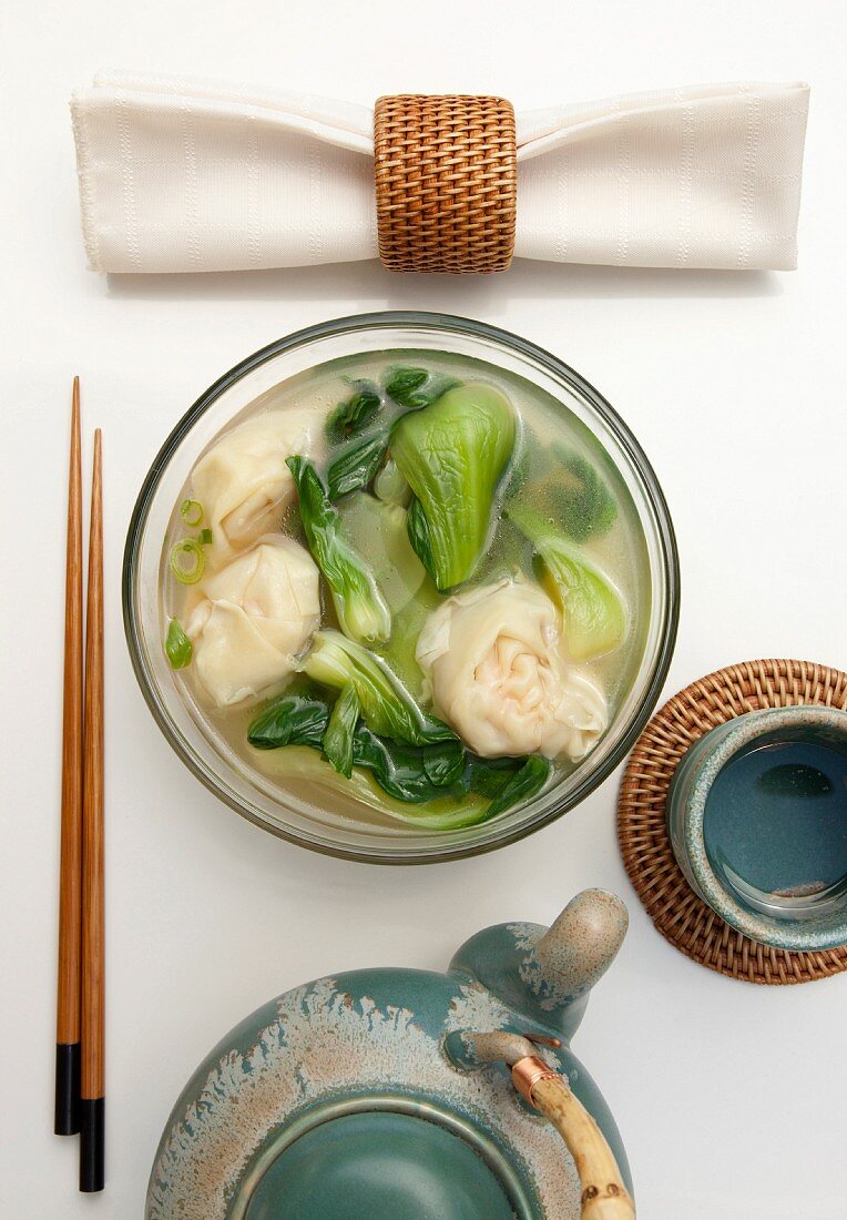 Shrimp soup with wontons and bok choy (seen above)