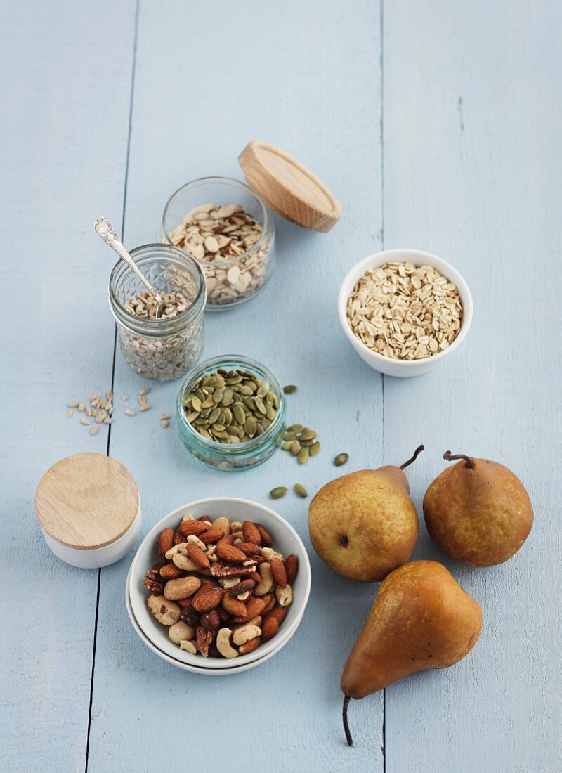 Various nuts, seeds and pears