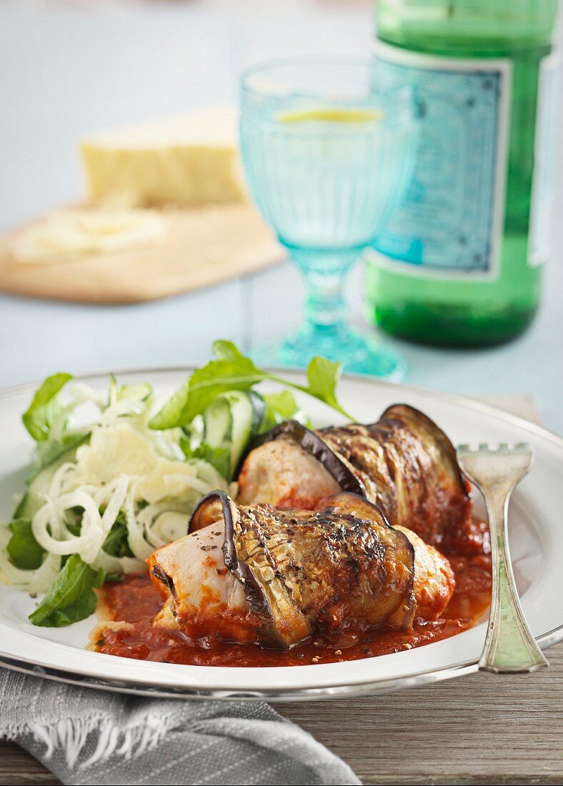 Chicken and aubergine roulade with tomato sauce