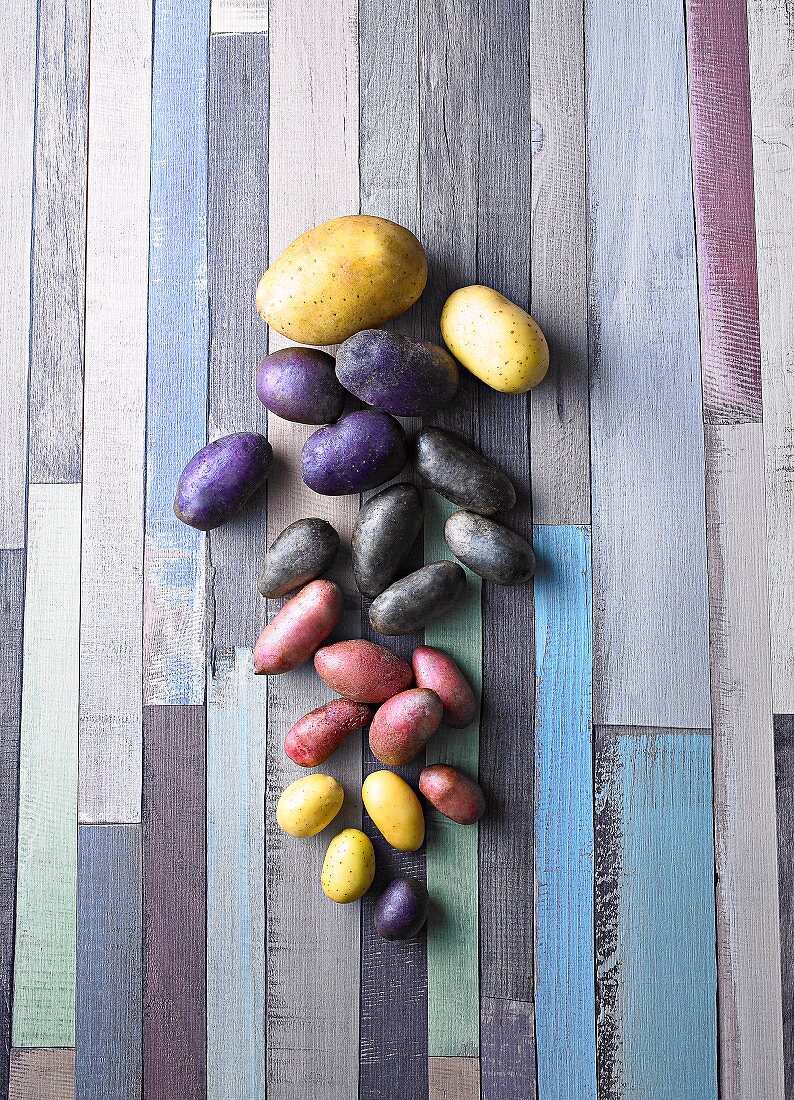 Various types of potatoes on a colourful wooden surface