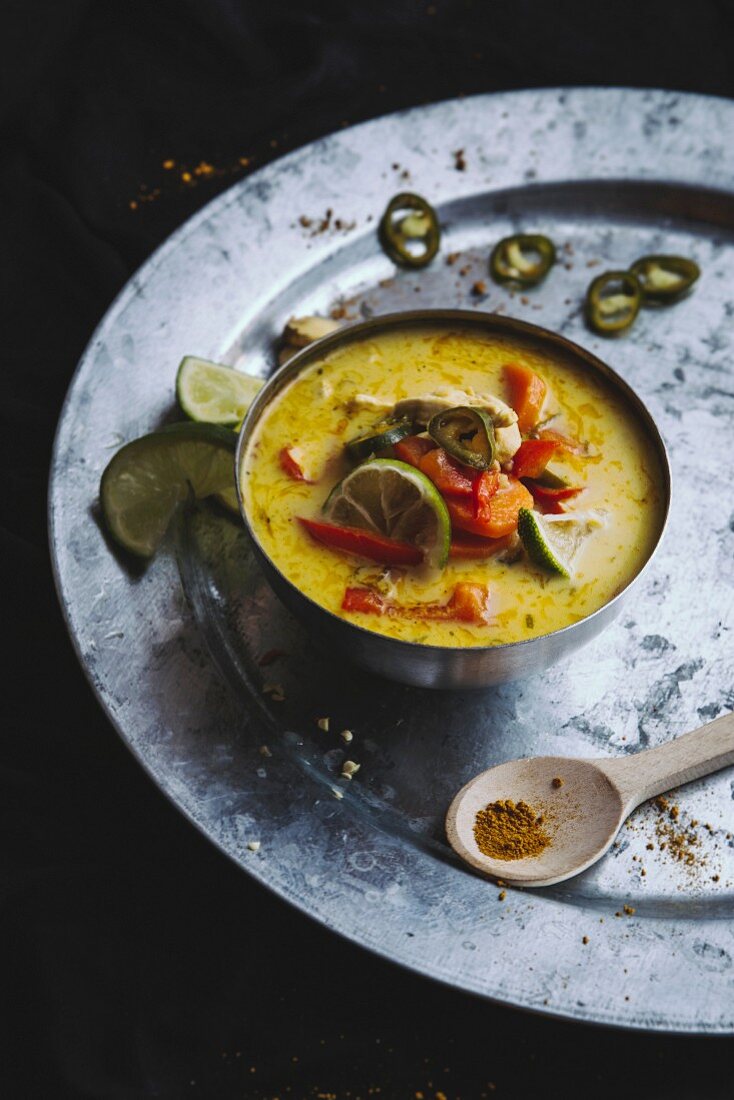 Coconut milk soup with chicken, vegetables and chilli (Thailand)