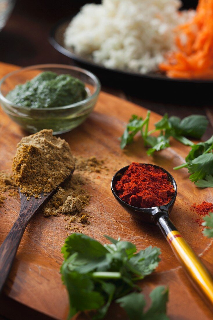 Spices, chutney and coriander for Indian veggie burgers