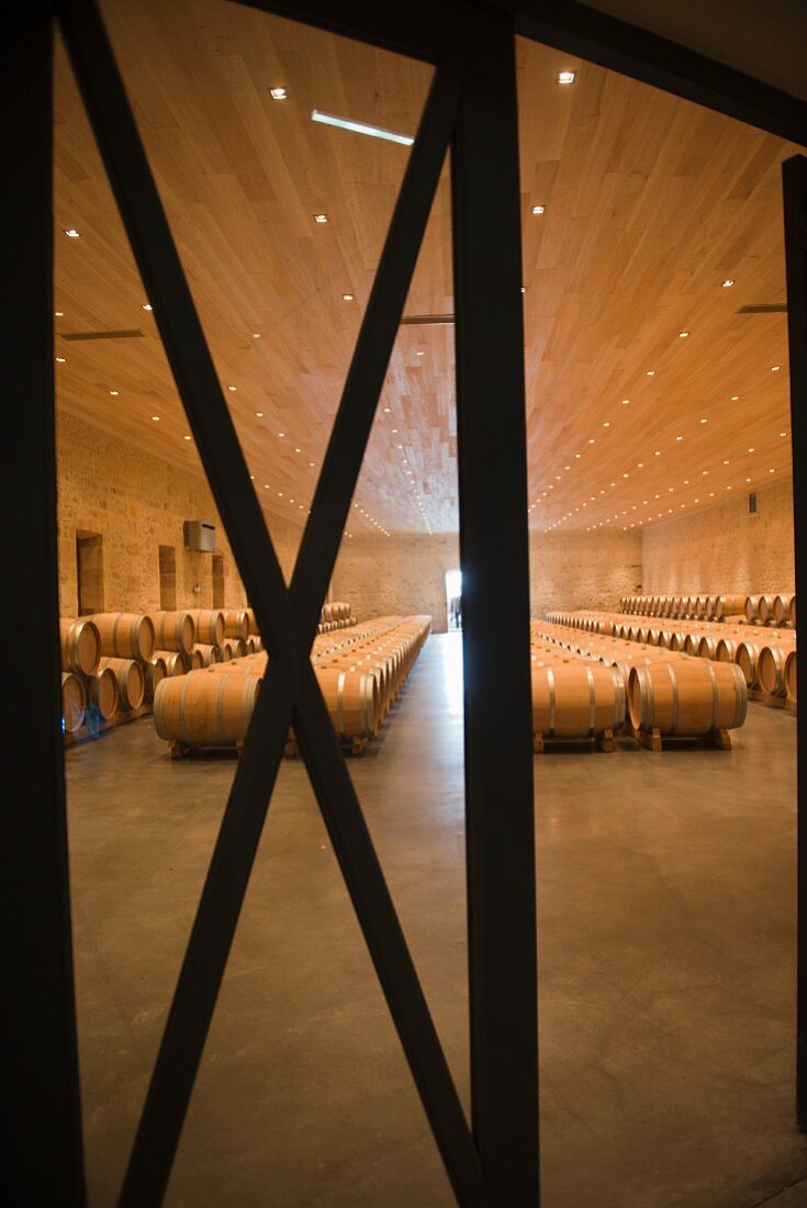 A view of barrique barrels in the wine cellar at Chateau Fourcas Hosten (Bordeaux, France)