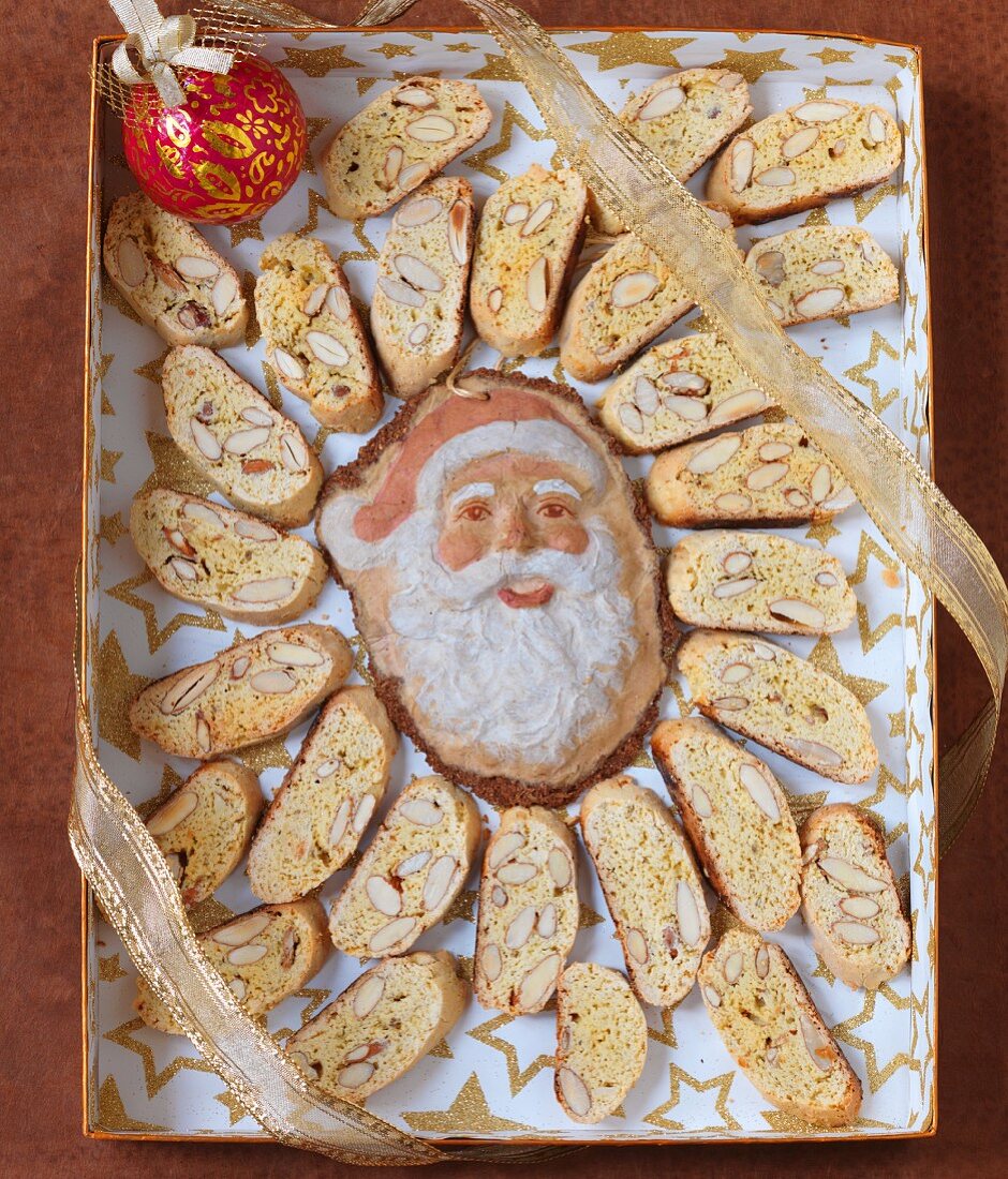 Cantuccini (almond biscuits, Italy) wrapped as a Christmas present