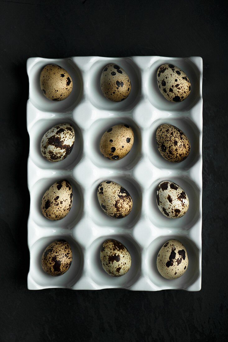 Wachteleier in einem keramischen Eierbehälter